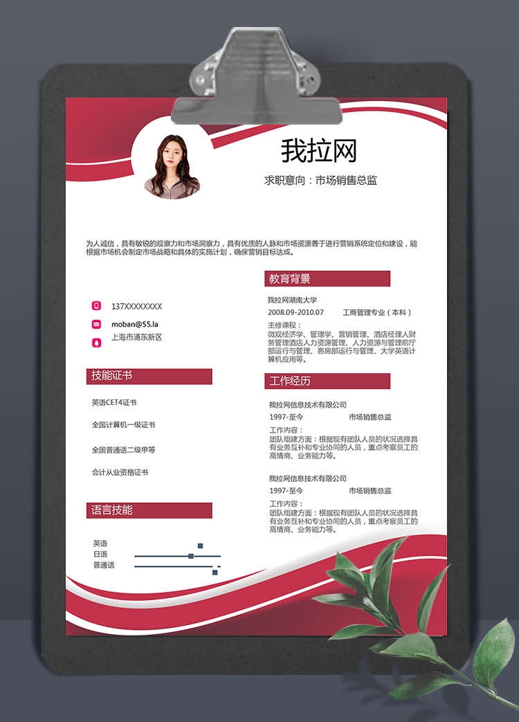 暗紅系市場銷售總監(jiān)求職簡歷模板