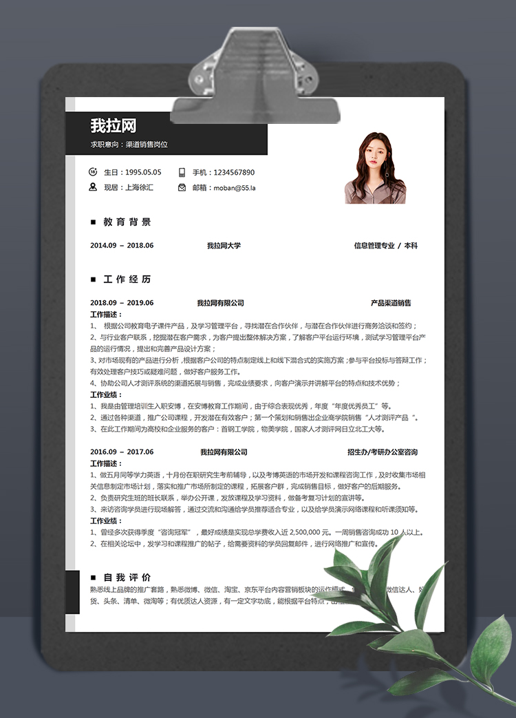 黑灰色大氣風(fēng)格渠道銷售求職簡歷模板