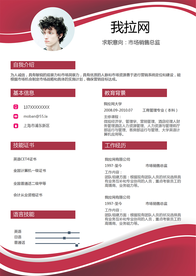 紅色曲線風(fēng)格市場銷售總監(jiān)求職簡歷模板-1