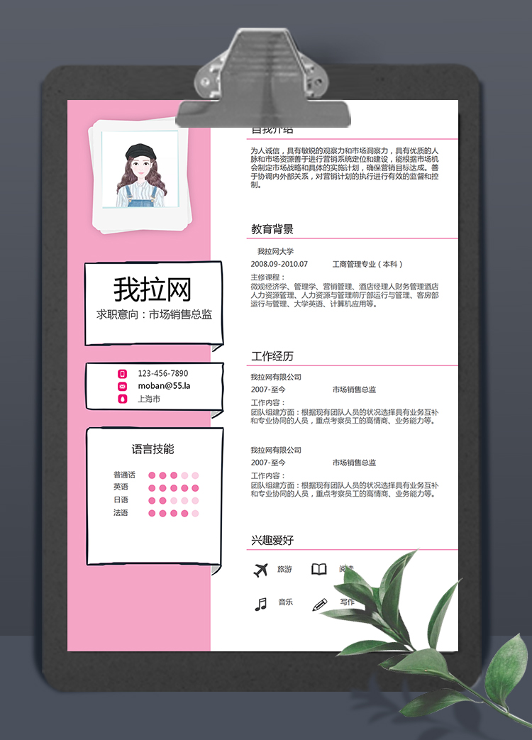 可愛粉色風格市場銷售總監(jiān)求職簡歷模板