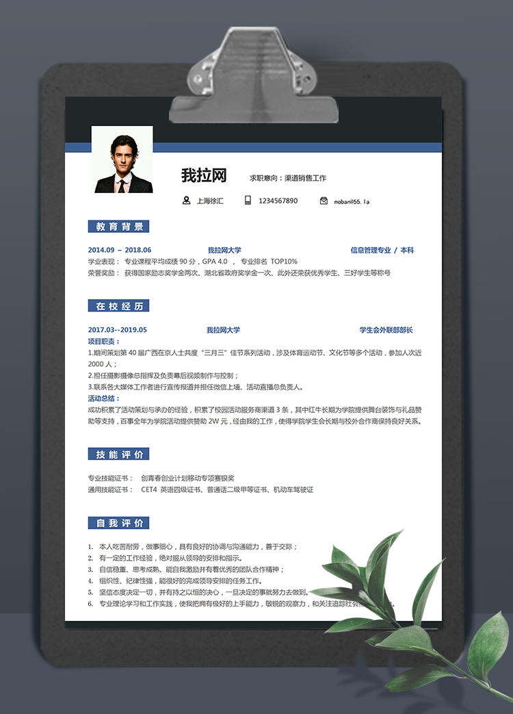 藍(lán)黑穩(wěn)重風(fēng)格渠道銷售簡(jiǎn)歷模板