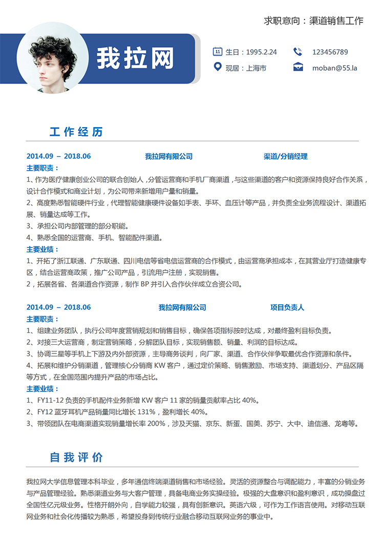 藍色時尚大氣渠道銷售3到5年工作經(jīng)驗簡歷模板-1