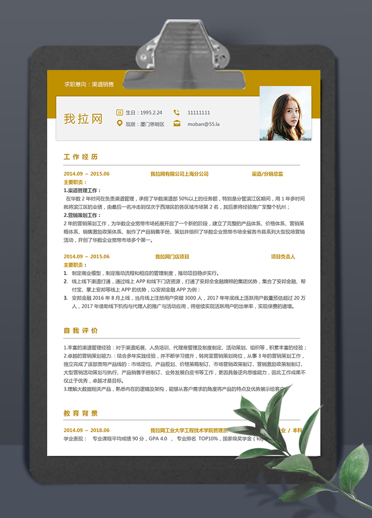 土黃色大方美觀風(fēng)格渠道銷(xiāo)售個(gè)人簡(jiǎn)歷模板