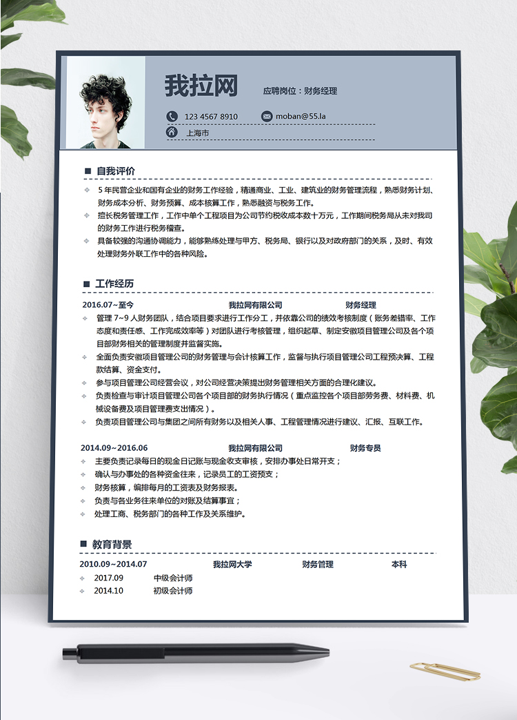 淺墨藍(lán)時(shí)尚風(fēng)格財(cái)務(wù)經(jīng)理求職簡(jiǎn)歷模板