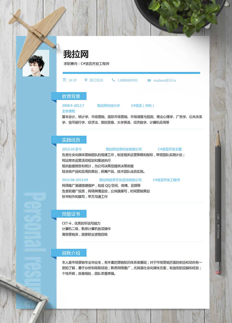 淡藍(lán)色優(yōu)雅簡(jiǎn)約C#語言開發(fā)工程師簡(jiǎn)歷