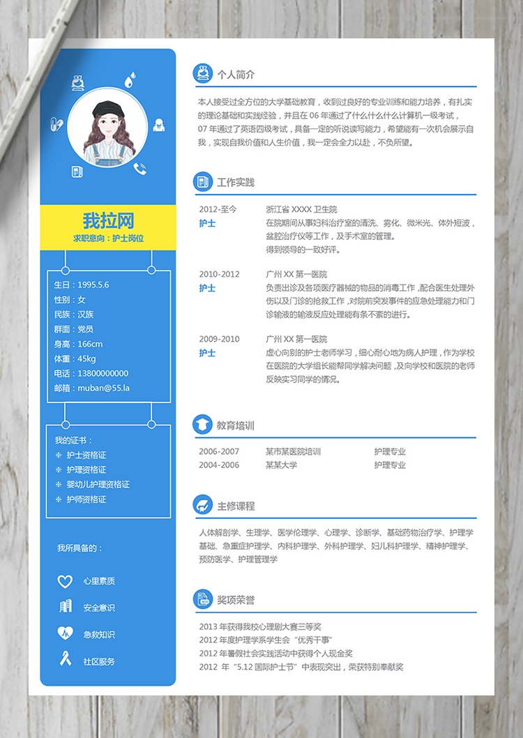 藍(lán)色明朗風(fēng)格護(hù)士護(hù)理簡歷模板-1