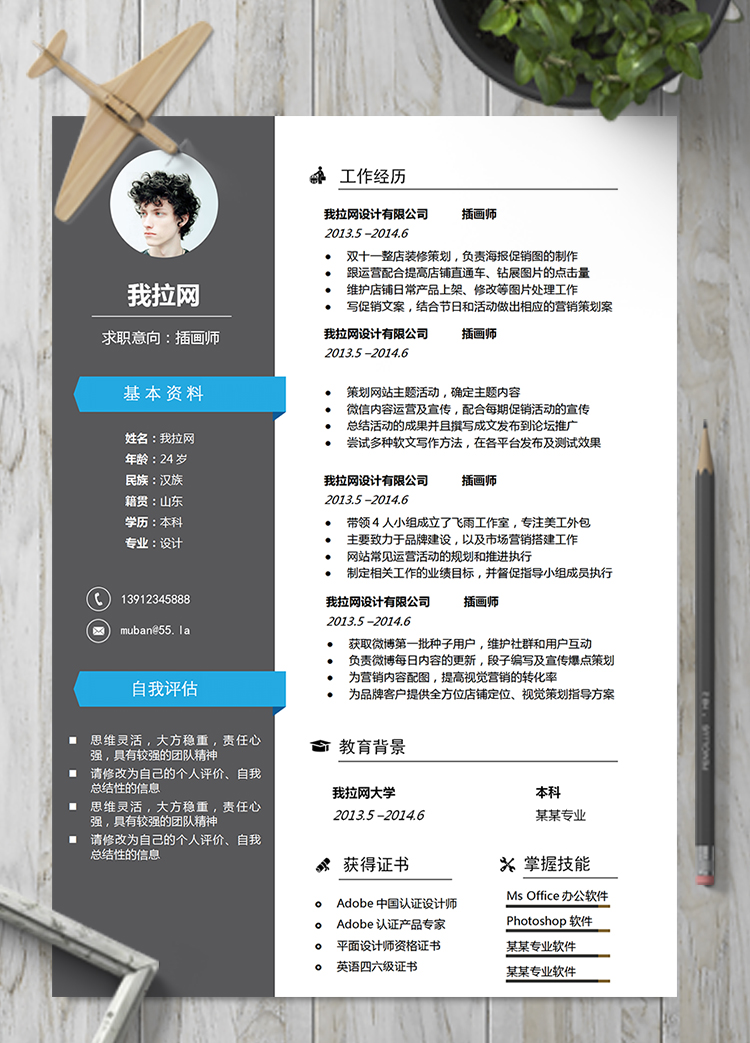 藍灰拼接大氣設計師插畫師簡歷模板