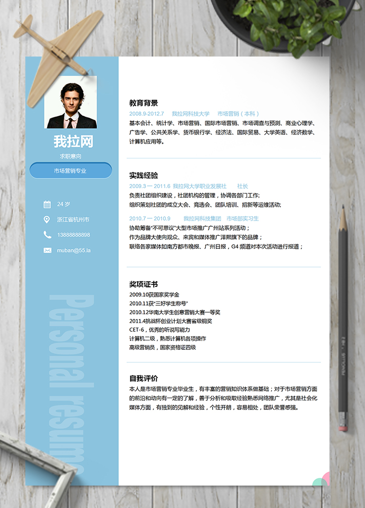 淡藍色優(yōu)雅簡約市場營銷簡歷模板