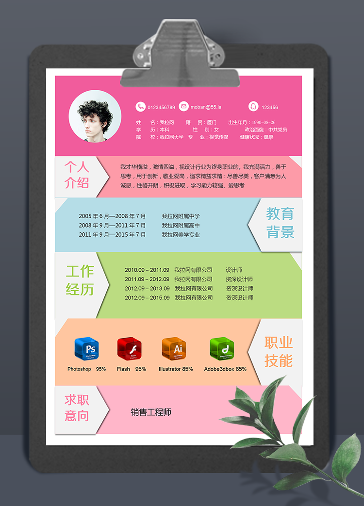 多色簡潔銷售工程師word簡歷模板